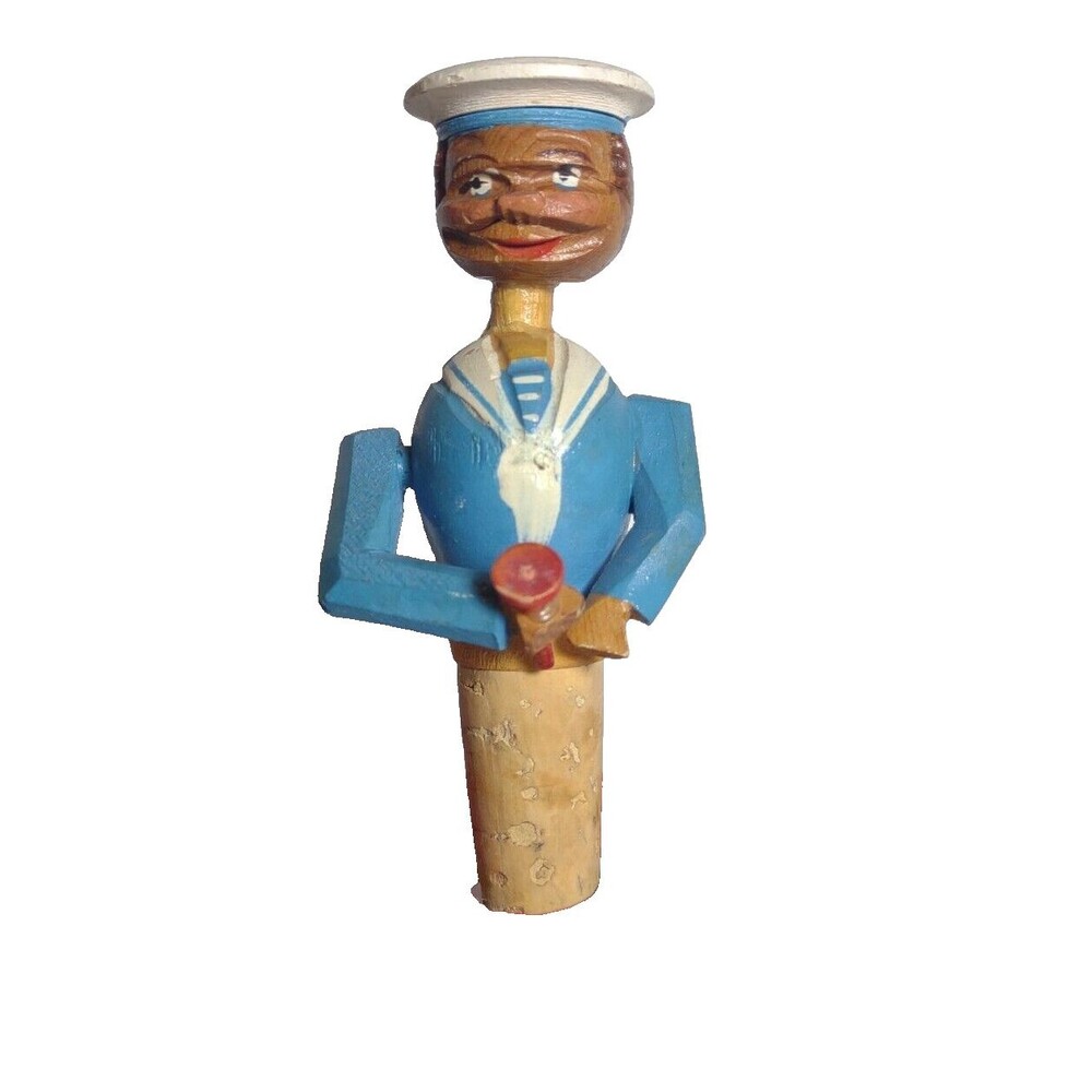Drinking Sailor ANRI Bottle Stopper Wood Carved Animated Kitsch Vintage Italy
